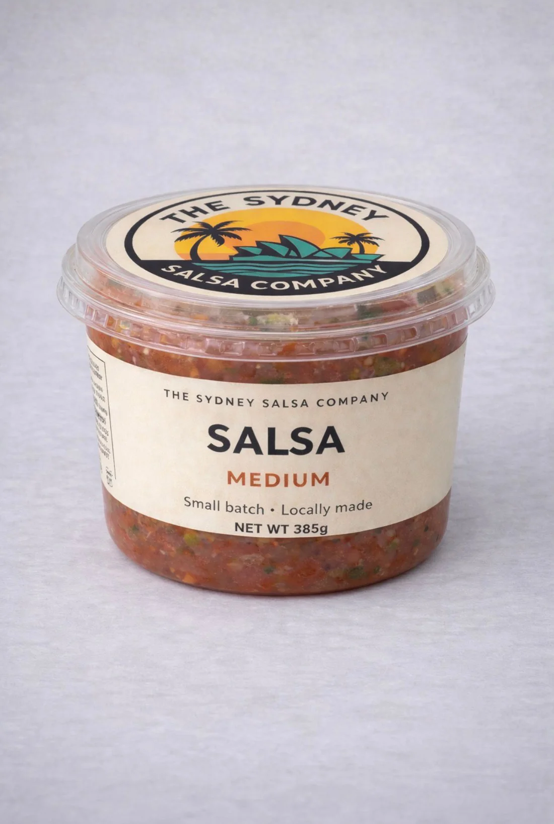 A 385 g tub of The Sydney Salsa Company Medium salsa
